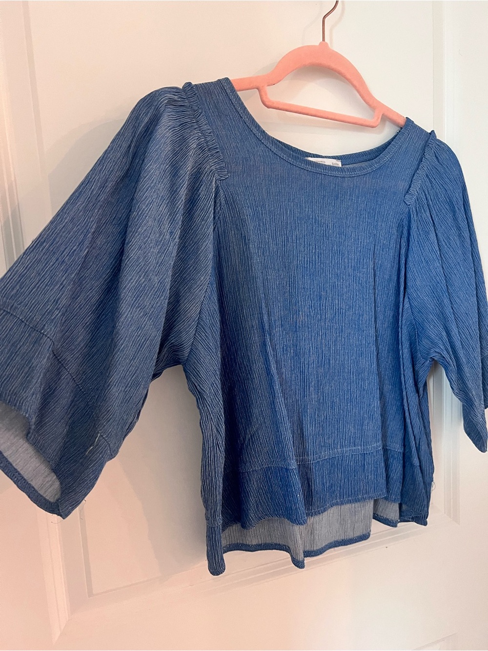 Zara Blue Puff-Sleeve Textured Blouse - Picture 3 of 6